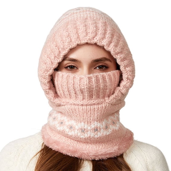 WZXFASHION Ribbed Knit 3-in-1 Hat Scarf Ear Flap Combo Winter Hat for Women and Men Pink One Size