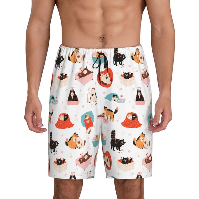 Balery funny cats celebrating Valentine's Day Pantalones cortos de pijama de punto de algodón para hombre con cinturilla y bolsillos-4X-Large