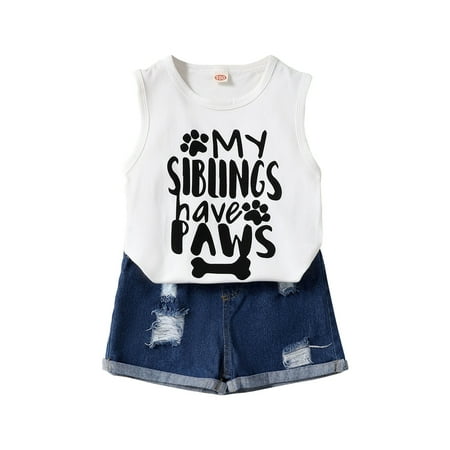 

3T Toddler Baby Girls Outfits Sleeveless Letter Print Round Neckline Top +Ripped Jeans 2Pcs Clothes Set 3-4T White