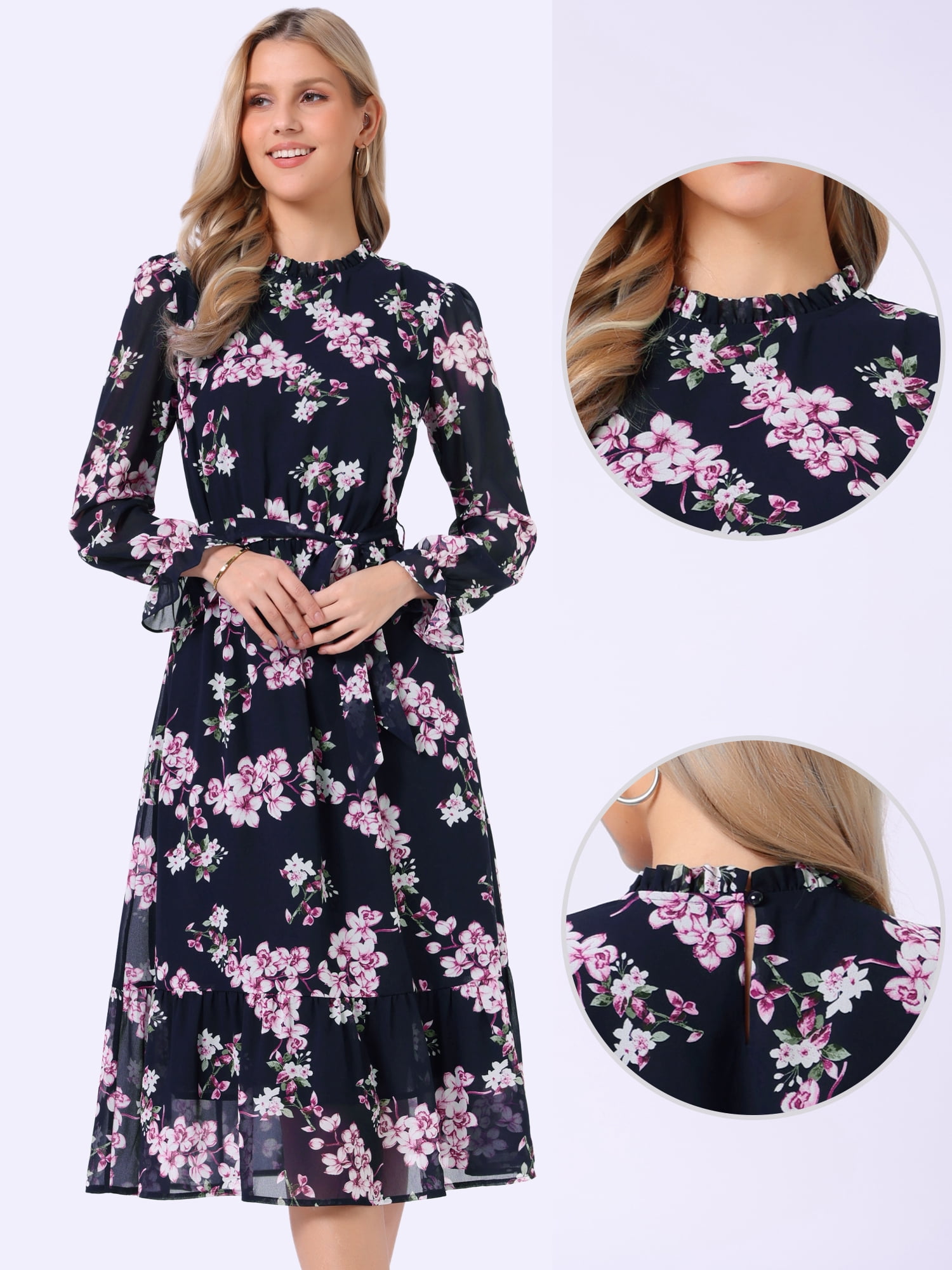 DARING DIVA Fall Floral Long Sleeve Chiffon Midi Dress M Dark Blue