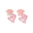 thumbnail image 2 of BemeyourBBs Toddler Baby Girl Silly Goose Outfits Infant Baby Girls Spring Summer Fall Clothes Goose Themed Print Lace Patchwork Short Sleeve Shirt Tops and Plaid Flared Pants 2 Pcs Set, 2 of 8