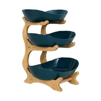 3 Tier Plastic Fruit Bowl with Bamboo Wood Stand for Kitchen Counter, Porcelain Fruit Basket for Vegetable Storage, Snack Dessert Cake Tray Plate Rack for Party Wedding - Green