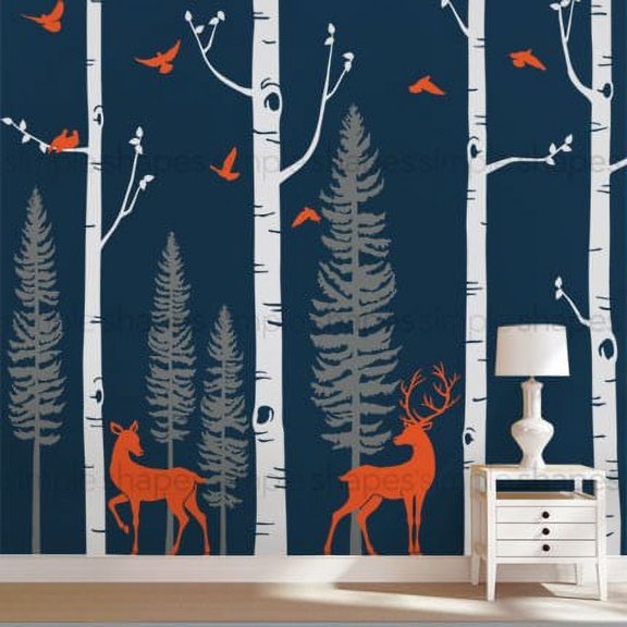 Birch Tree with Deer and Bird Wall Decals W1121 - Scheme A