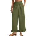 thumbnail image 4 of DeHolifer Women Pants Cotton Linen Solid Color Ruffle Elastic Waisted High Waisted Casual Wide Leg Long Pants Army Green 2XL, 4 of 7