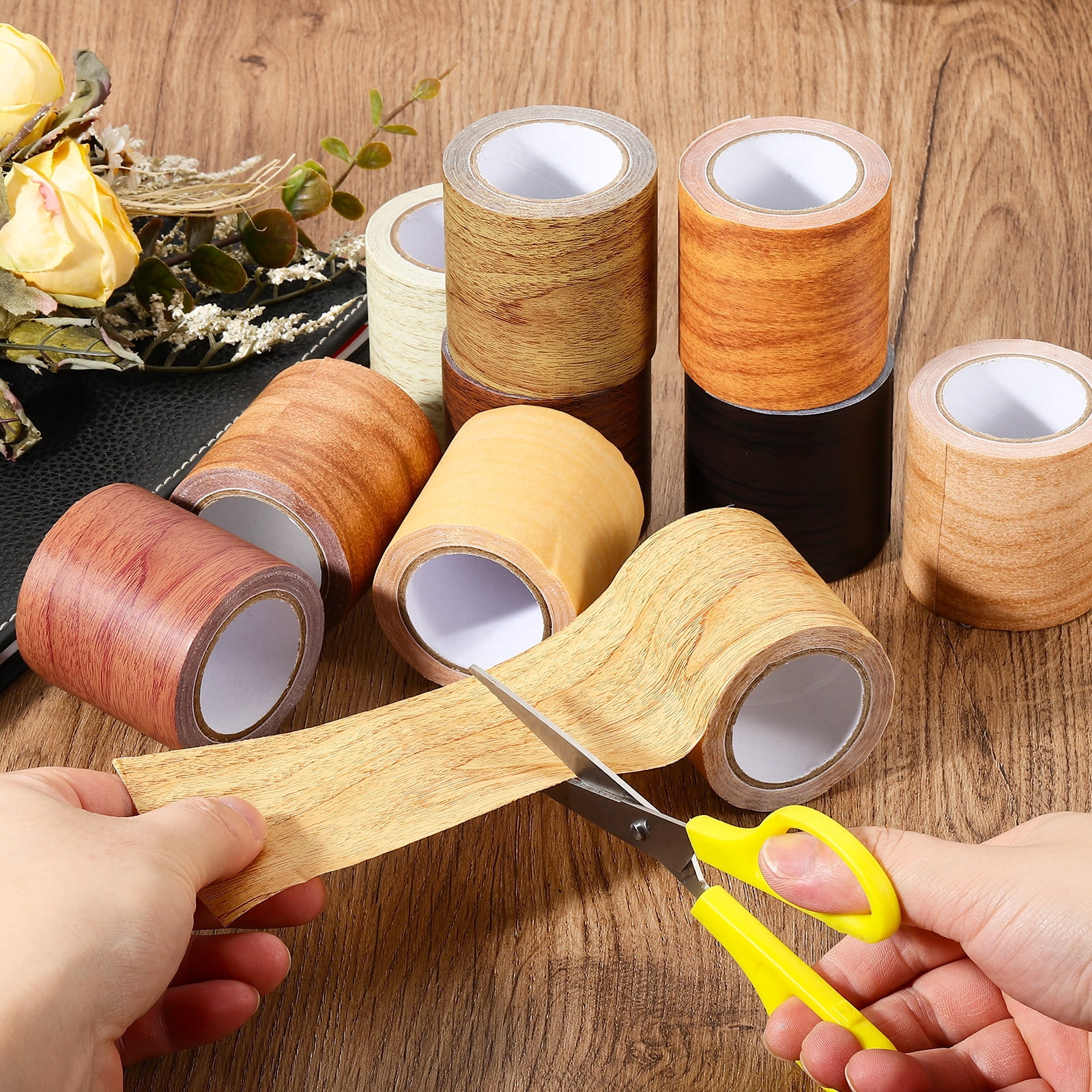 Uxcell Wood Grain Repair Tape 2.2" x 14.99' Self Adhesive Realistic Textured Repair Tape Patch with Scraper Dark Brown Oak