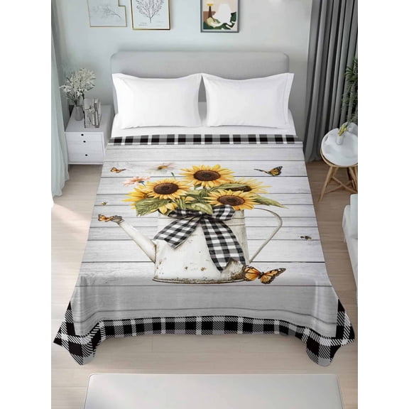 Vintage Sunflower King Size Flat Sheet, Wrinkleproof & Fadeproof Cooling Flat Bed Sheet Only, Spring Floral Summer Botanical Plaid Breathable Soft Bedding Top Sheets 105 x 98 Inches