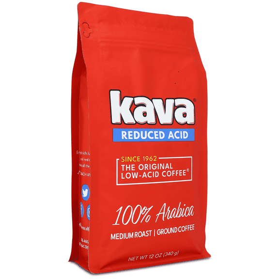 Kava Low Acid Ground Coffee, Medium Roast Arabica, Smooth Flavor, Stomach Friendly, 12 oz Bag