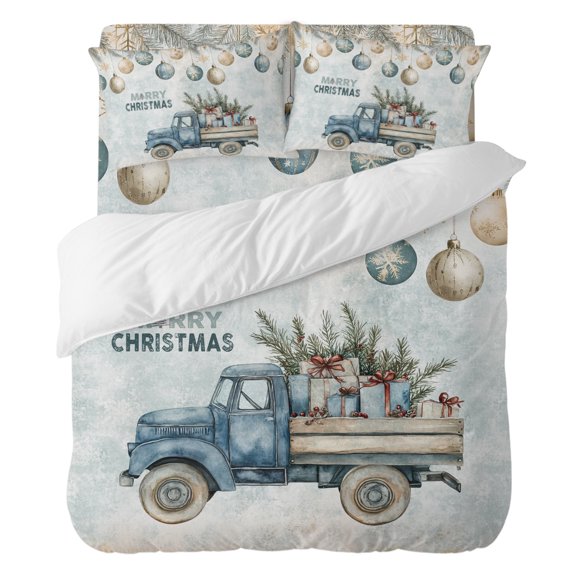 Duvet Cover Set Queen Size 4 Pieces, Snowflake Christmas Bell Farm Truck Comforter Cover Soft Bedding Sets, Pine Needle Blue Gradient Bed Set Include 1 Duvet Cover, 2 Pillow Shams, 1 Bed Sheet