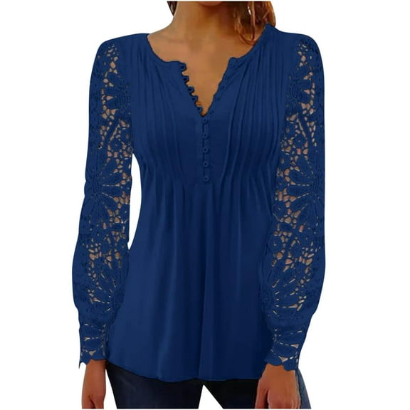 STETMN Women's Button Crew Neck Tops Loose Lace Patchwork Long Sleeve Shirts Flowy Hem Pleated T-Shirt