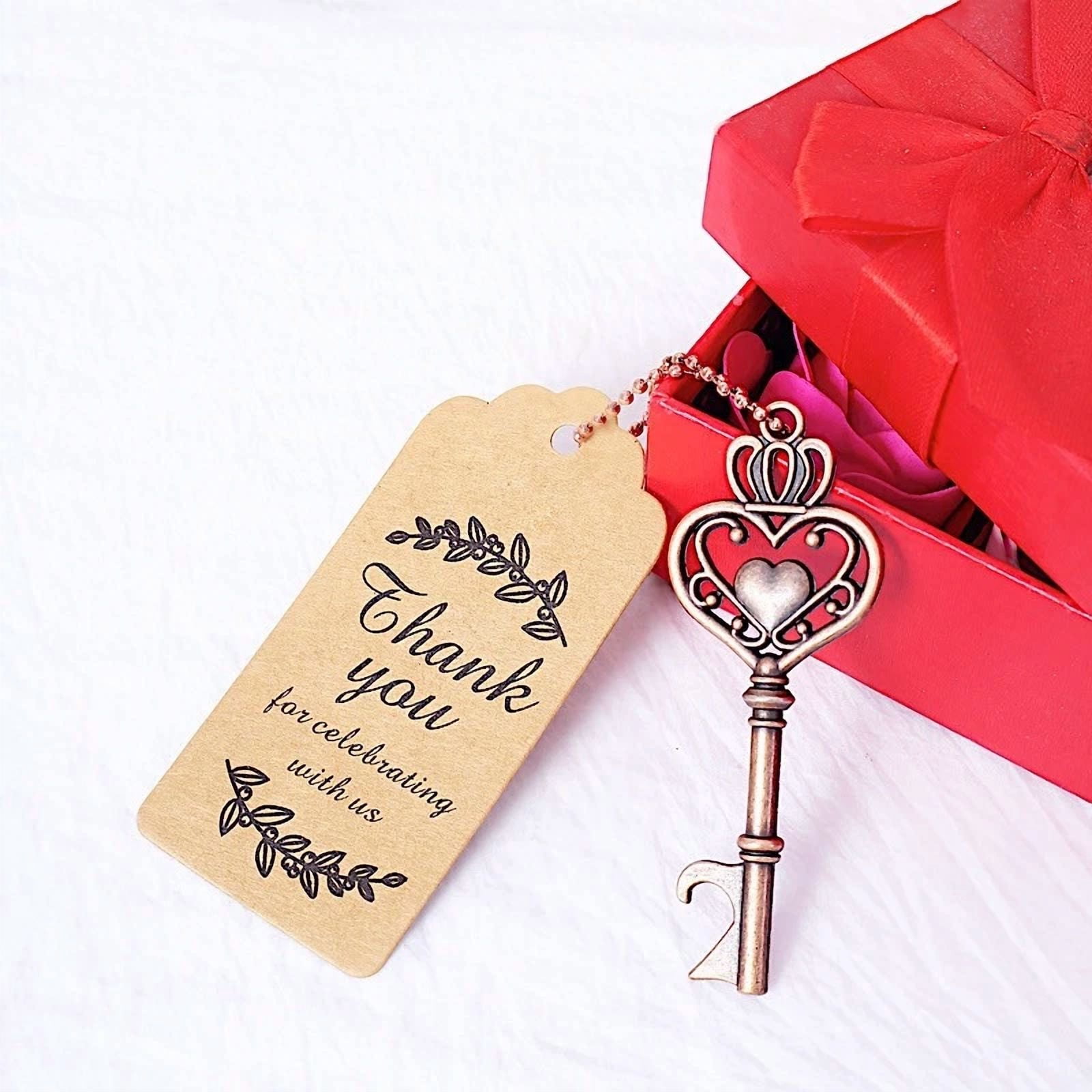 10 Antique Gold Metal Skeleton Key Bottle Openers Chains Tags Gift Set Party