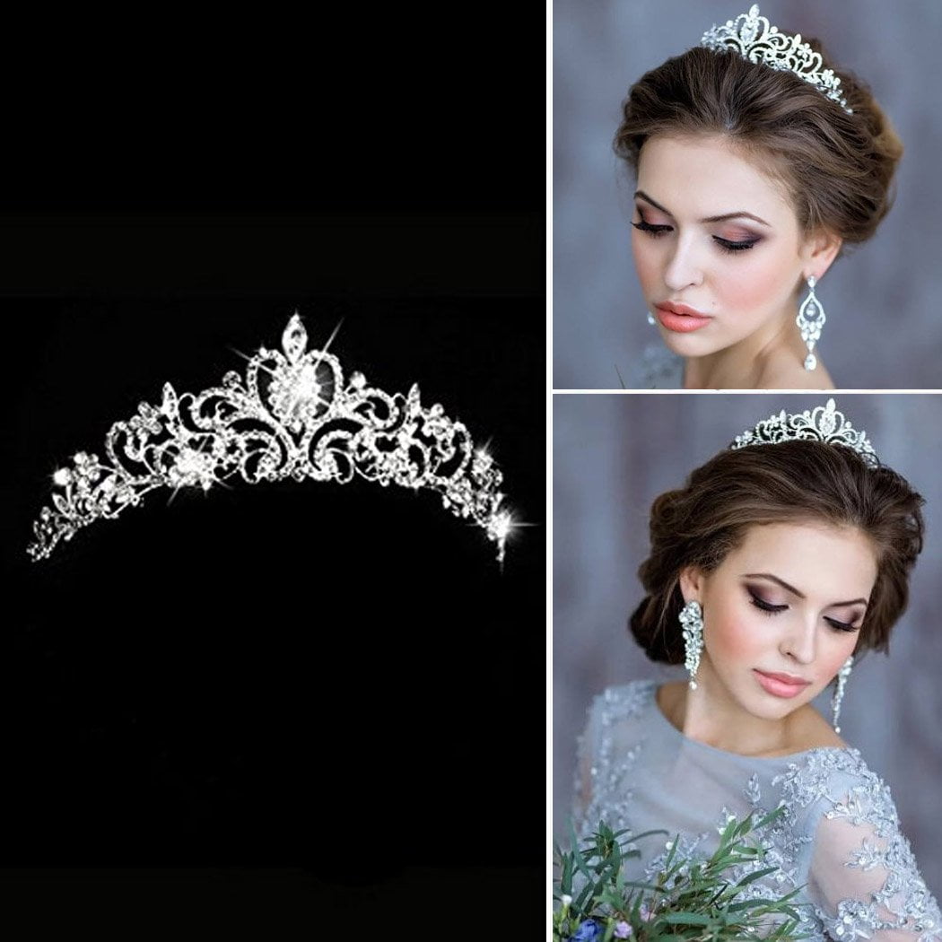 Bridal Princess Crystal Tiara Wedding Crown Veil Hair Accessory Silver+Two Combs 