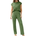 thumbnail image 2 of Women's Plus Size Two Piece Casual Sets Round Neck Cap Sleeve Tops with High Waist Straight Leg Pants Solid Trendy Sets Army Green,5XL, 2 of 5