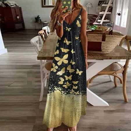 

Leesechin Womens Dresses Clearance Summer Pocket Sleeveless Lace Print V-Neck Dress