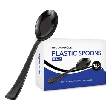 (125-Count) Plastic Spoons, Disposable Silverware for Dinner, Heavy Duty Utensils, Heavyweight Party Flatware, Bulk Cutlery in Black - Stock Your Home