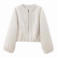 thumbnail image 3 of Women Cropped Jacket Casual Zip Up Varsity Jackets Trendy Outwear Coats with Welt Pockets Cream White S, 3 of 7