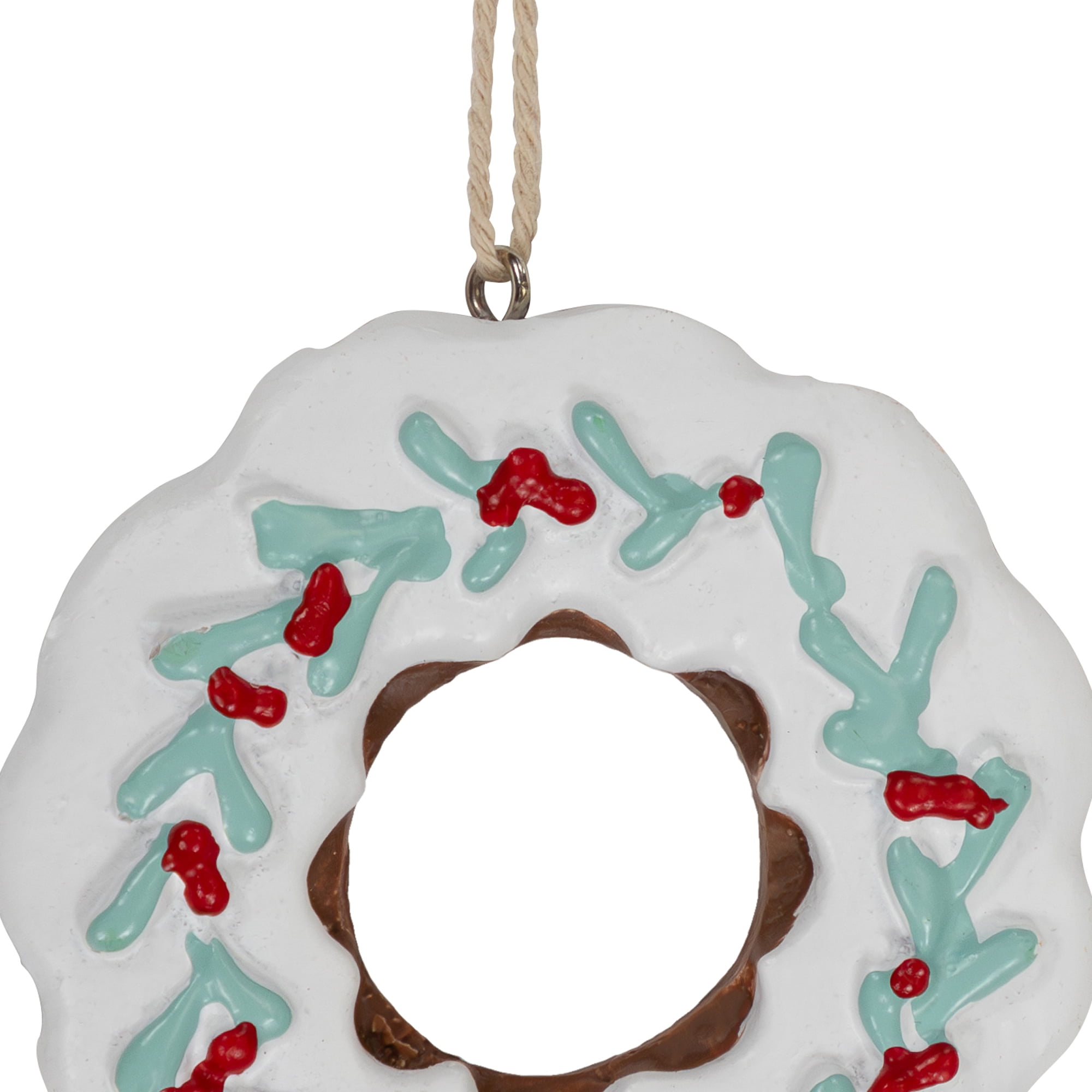 Northlight 3" White Frosted Donut with Pine and Berry Christmas Ornament