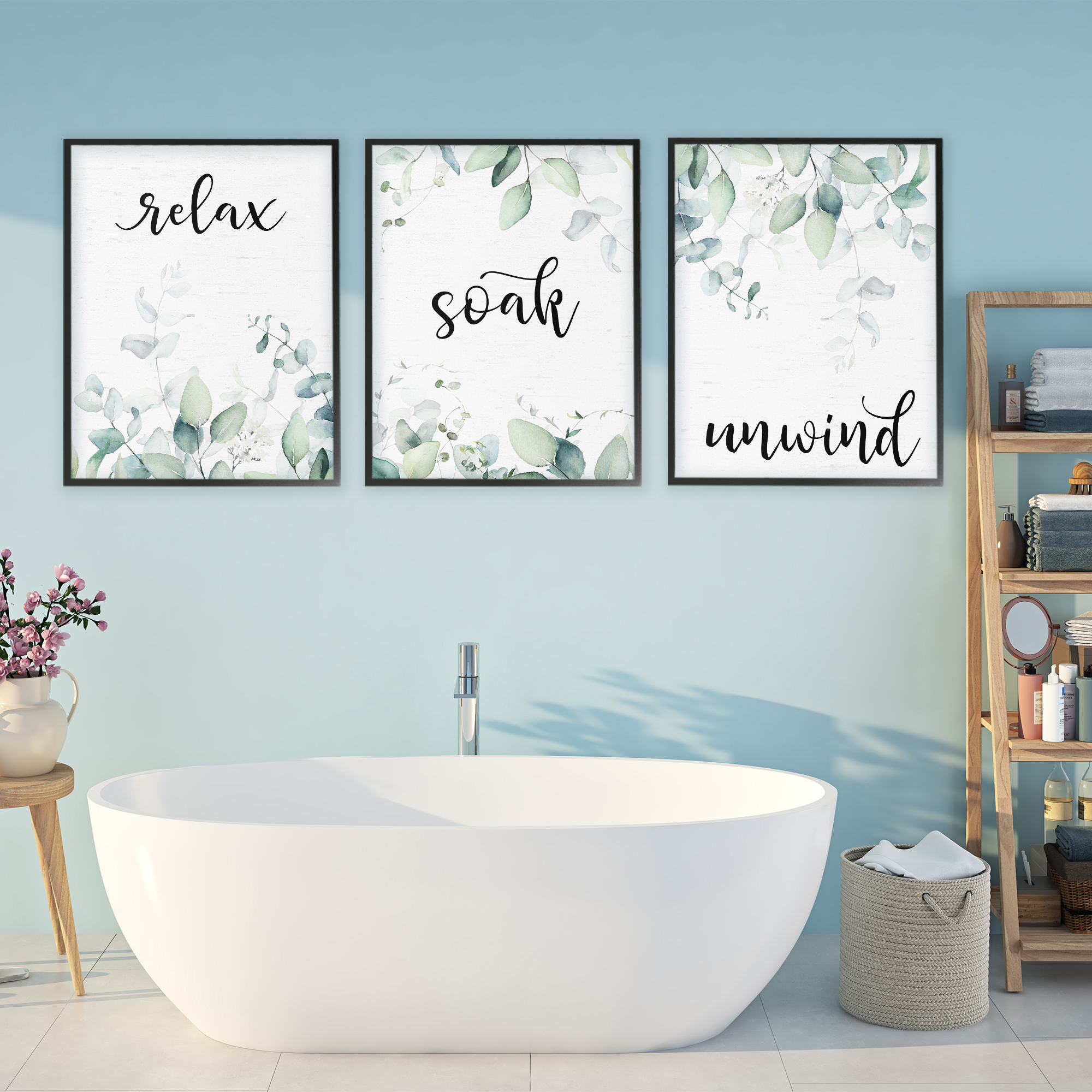 Leafy Bathroom Herbs 3 Piece Black Framed Giclee Art Set, design by Lettered and Lined
