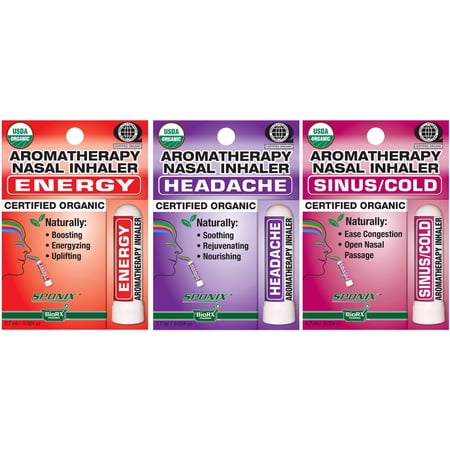 Nasal Inhaler Aromatherapy Gift Set of 3 - USDA Organic - Energy, Headache and Sinus/Cold - Made with  100% Pure Therapeutic Grade Organic Essential Oils 0.7 mL each by Sponix Pack of 3