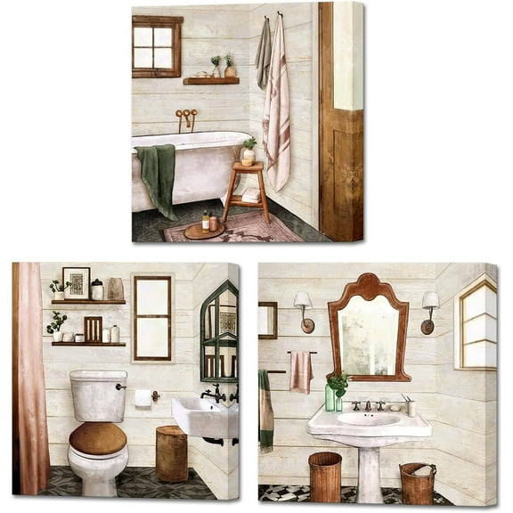 Beige Bathroom Wall Art Bath Tub Toilet Sink Bath Sets Still Life Picture 12"X12"X3Pieces
