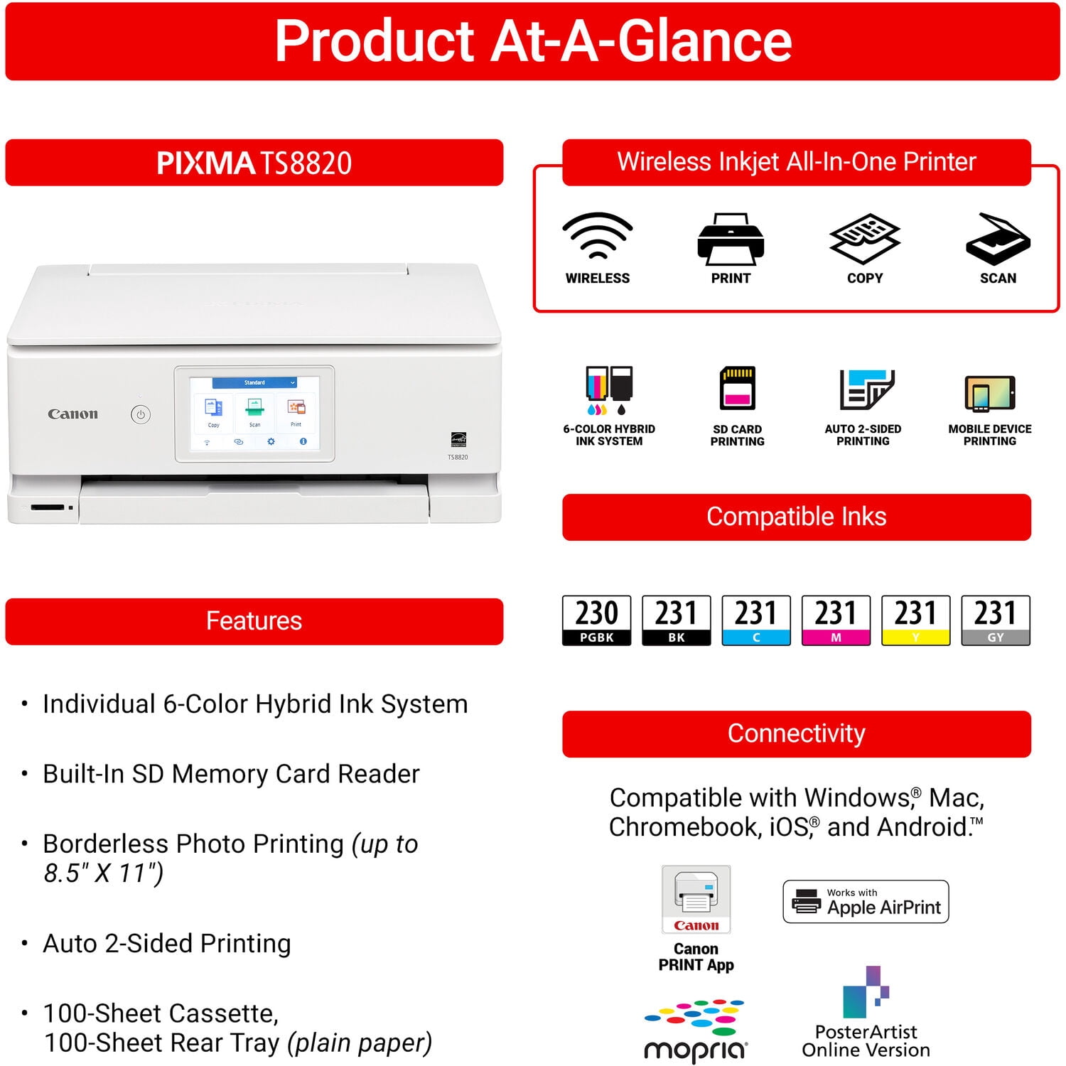 Canon PIXMA TS8820 Wireless Printer, Best for Home Photo Printing, Copy and Scan, White (International Model)