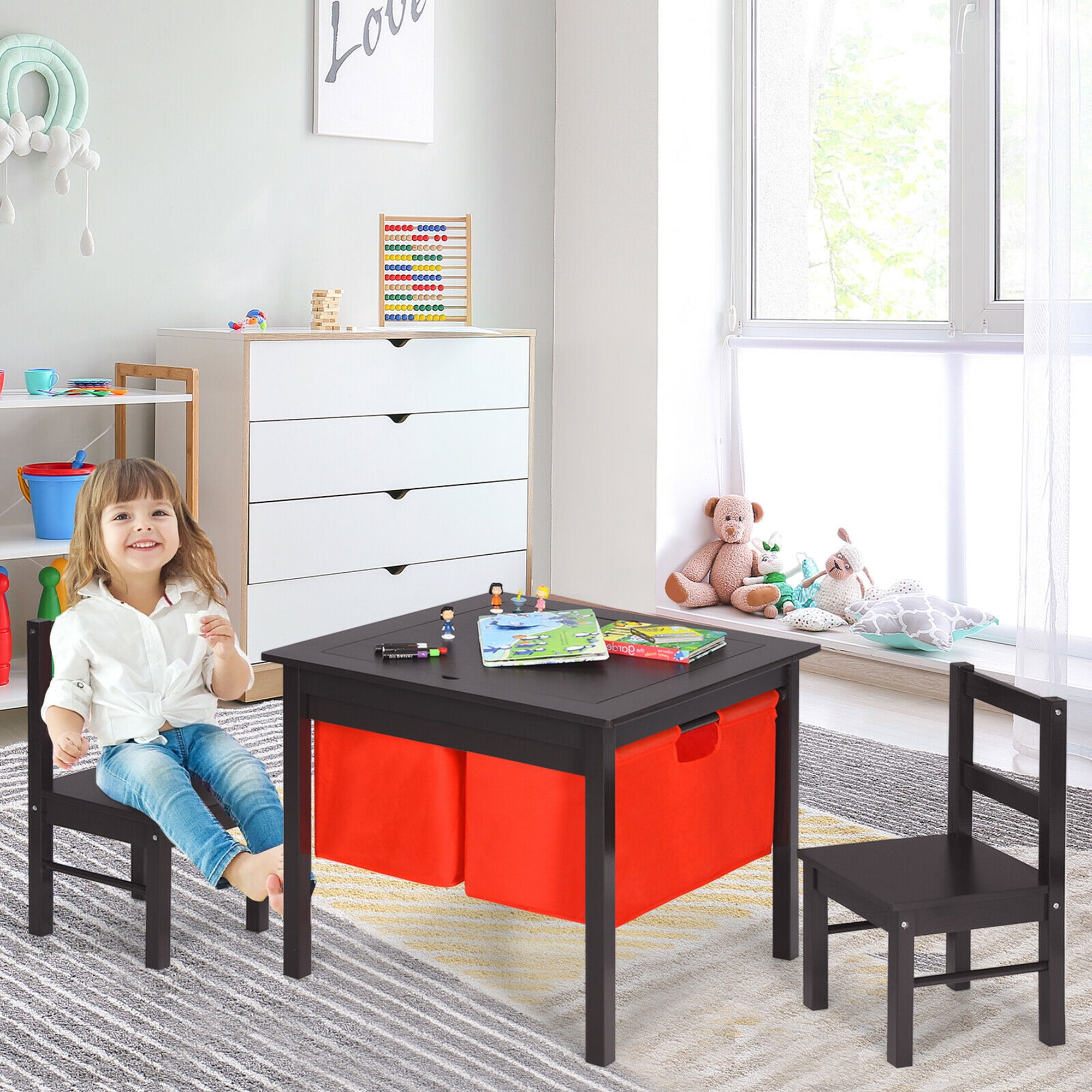 Gymax 2-in-1 Kids Activity Table & 2 Chairs Set w/Storage Building Block Table Espresso
