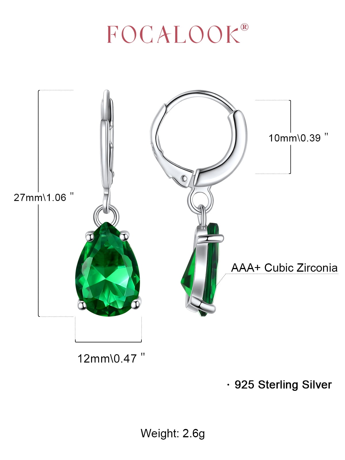 FOCALOOK Birthstone Dangle Hoop Earrings for Women Sterling Silver Teardrop Cubic Zirconia May Green Emerald Leverback Huggie Drop Earrings Birthday Mothers Day Jewelry Gift