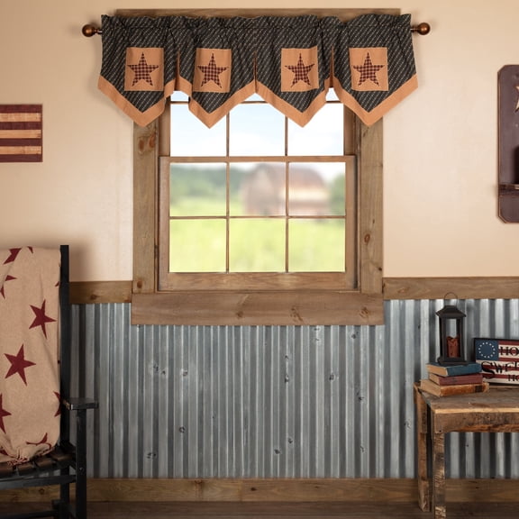 VHC Brands Patriotic Patch Kitchen Window Curtains Star, Block Valance Pleated , Red, 20x72