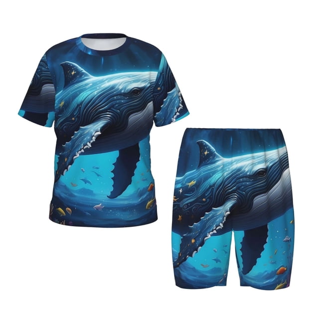 Fotbe Colorful Ocean Whale Pijama Estampada de 2 Piezas para Niños – Ropa de Dormir de Manga Corta Cómoda para Niños y Niñas, Camiseta y Shorts de Algodón-Small