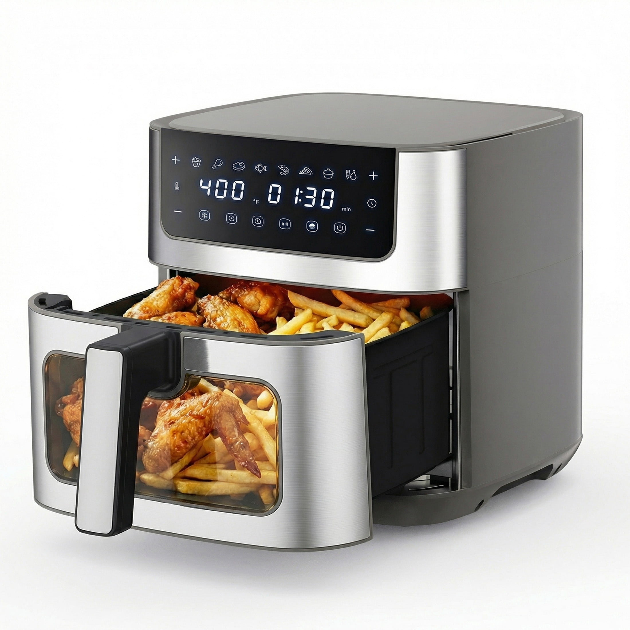 EDX 6QT Stainless Steel Air Fryer with Digital Touchscreen, 1500W, 8 Presets, Dishwasher Safe Basket, 90 Min Timer, 24H Delay Start, Gray