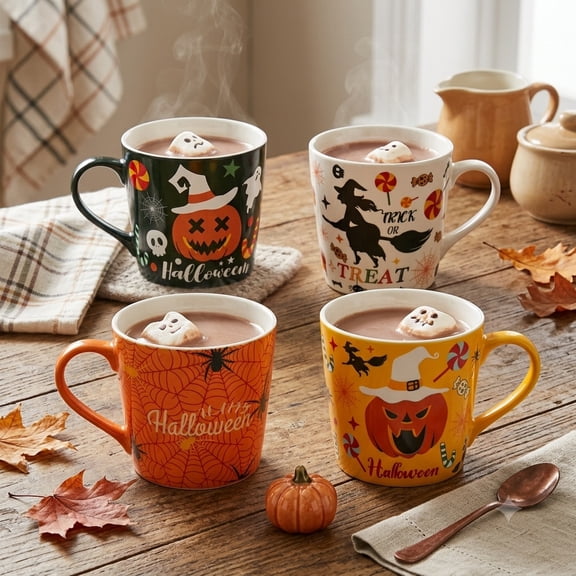 Set 4 Tazas de Porcelana con Diseño Halloween, Taza Decorativa para Bebidas Calientes, Distintos Colores, Capacidad 400 ml