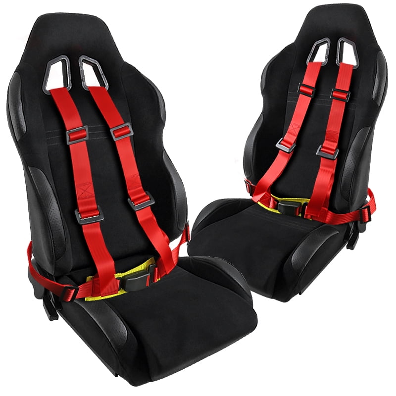 SpecD Tuning Bride Sty Black Cotton Racing Seats + 4 Point Red Racing Seat Harness Belt Belts