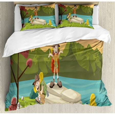 Boy Scout Duvet Cover Set Queen Size, Best Friends Go Camping Hiking by the Lake Having Fun Explorer Kids Joy Cartoon, Decorative 3 Piece Bedding Set with 2 Pillow Shams, Multicolor, by (Best Hiking Shoes In The World)