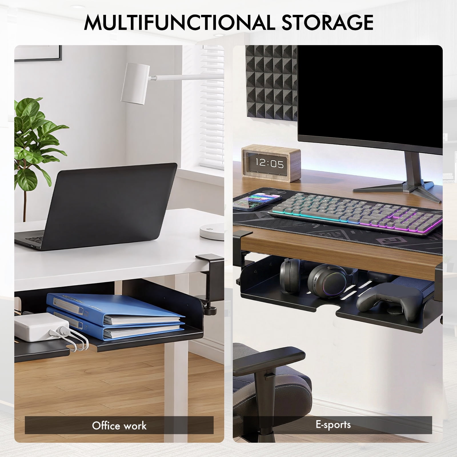 Grusce Under Desk Laptop Storage Shelf No Drill Metal Under Table Storage Tray with Cable Management and Clamp Mount Hold Up to 20 kg for Home Office Dorm