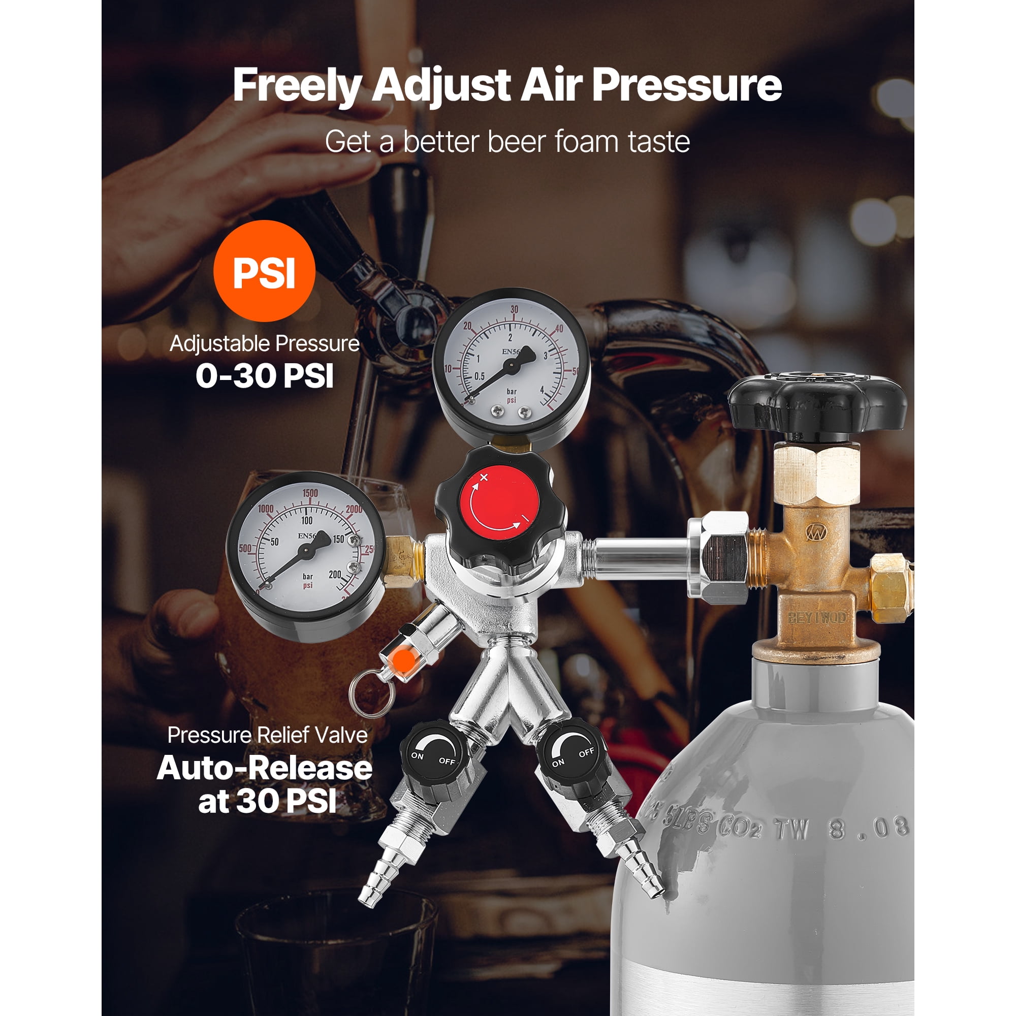 KFFKFF CO2 Regulator with Dual Gauges and Valves, Adjustable 0–60 PSI Pressure, Durable Gas Regulator for Draft Beer and Homebrewing, Compatible with CGA320 Connection