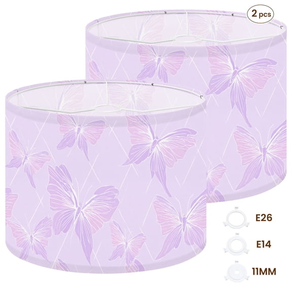 2pcs Set Drum Lampshades (13"x 13"x 10"), Delicate Butterfly Soft Lavender Pink Hues Fabric Lamp Shades, Large Replacement Shades for Table, Floor, and Pendant Lamps, Simple Assembly Needed.