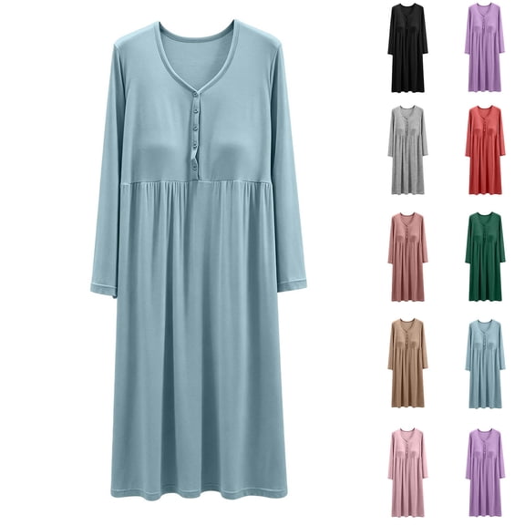 Jamicy Nightgowns for Women Solid Color Long Sleeve Nightgown with Detachable Pad Casual Home Dress for Women