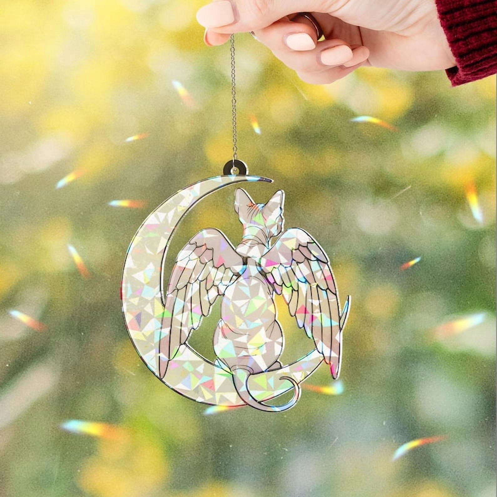 ViciArt Sphynx Angel Cat Suncatcher, 6" Holographic Acrylic Window Hanging, Celestial Pet Memorial Decor