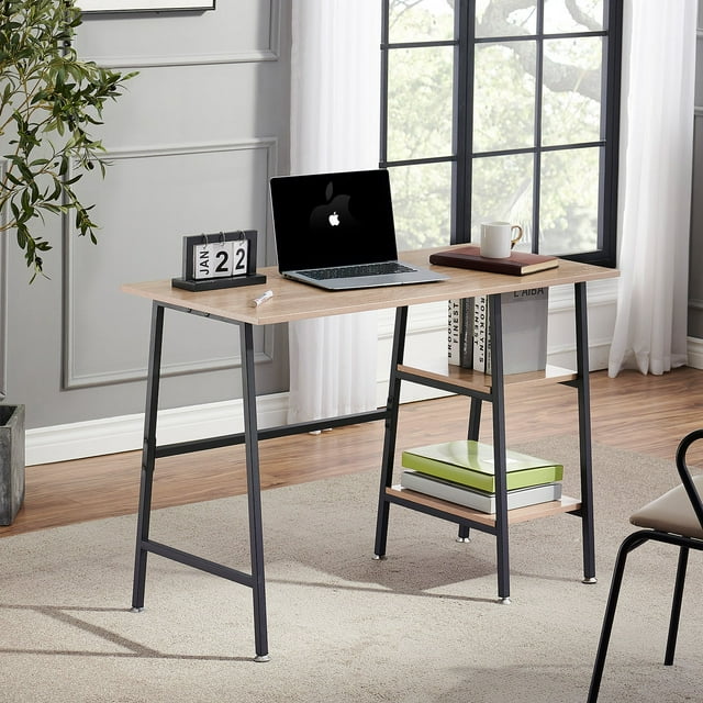 VECELO 43" Computer Desk with 2 Tier Storage Shelf, Study Writing Workstation for Home Office, Oak