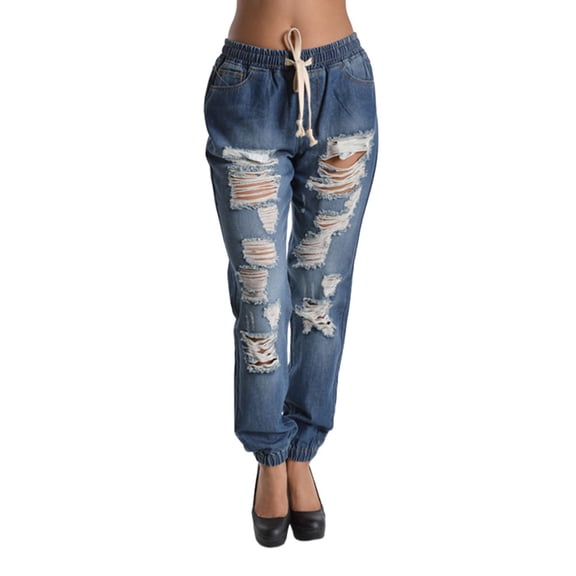 G-Style USA Women's Destructed Denim Jogger Jean Pants RJJ328 - Blue - Small