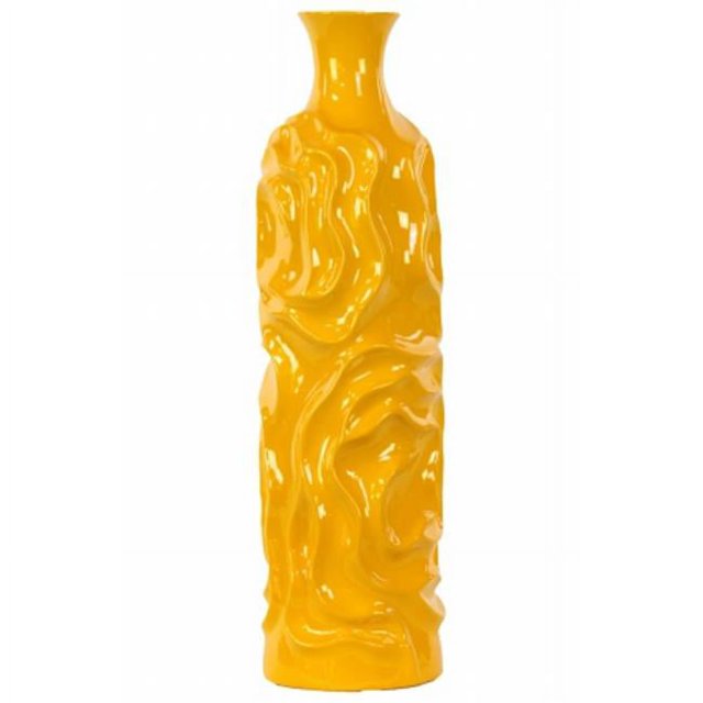 Urban Trends Collection 24456 Ceramic Round Cylindrical Vase With Neck & Wrinkled Sides- Large - Yellow