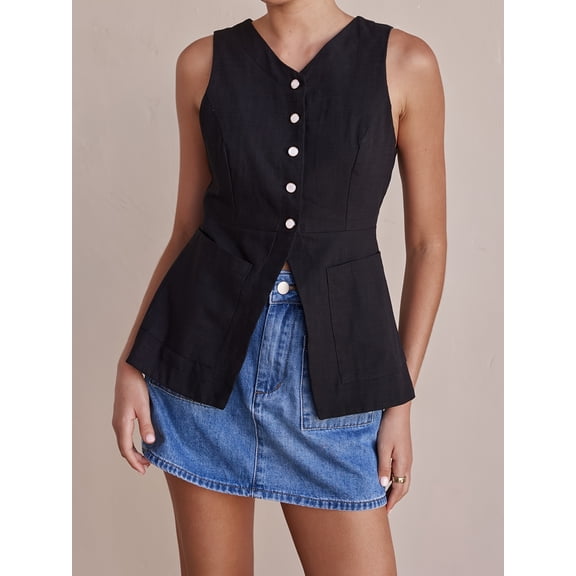 JILLUMI Womens Button Down Sleeveless Vest Tops V Neck Tailored Suit Vest Casual Elegant Peplum Waistcoat Tanks