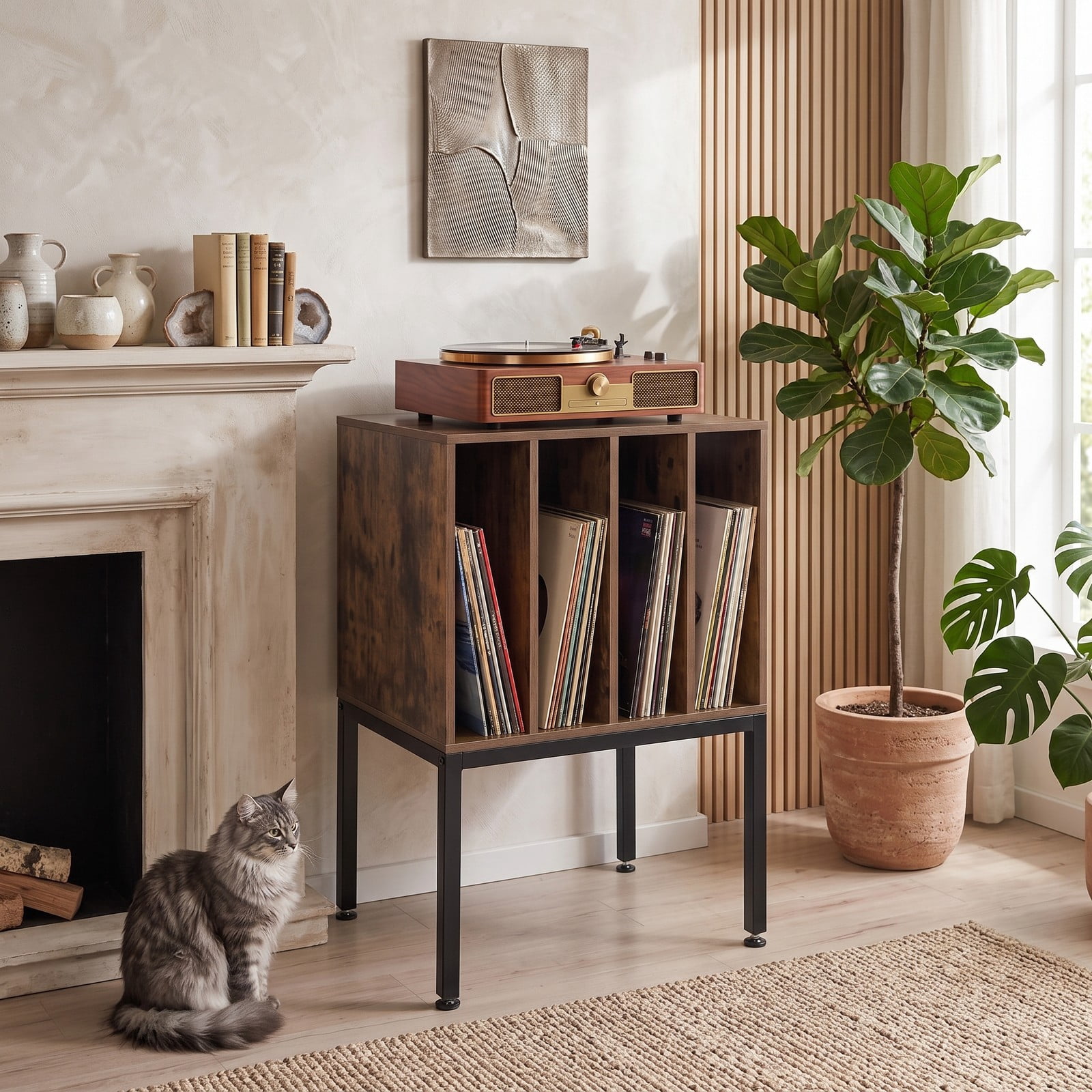 Furnibear Turntable Record Player Stand with Power Outlets, USB Type-C Charging Ports, Vinyl Record Storage Media Console TV Stand for Living Room, Rustic Brown