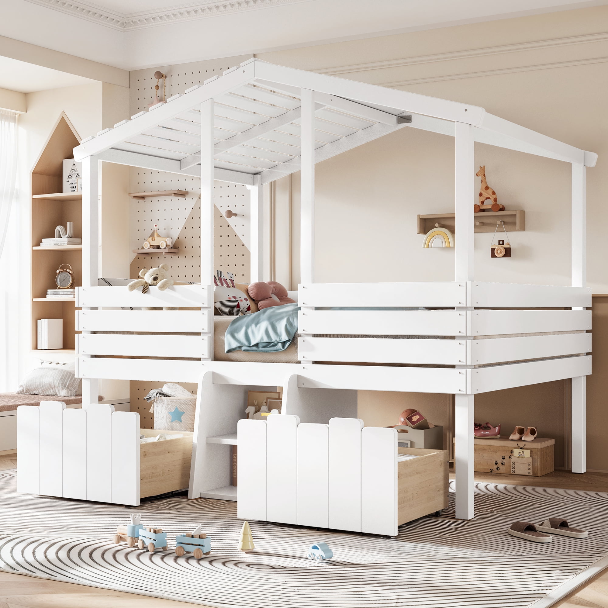 Leumius Full House Loft Bed with Cute Stairs and 2 Storage Drawers, Farmhouse Low Loft Bed with House Shaped Roof, Childlike and No Box Spring Needed Design White
