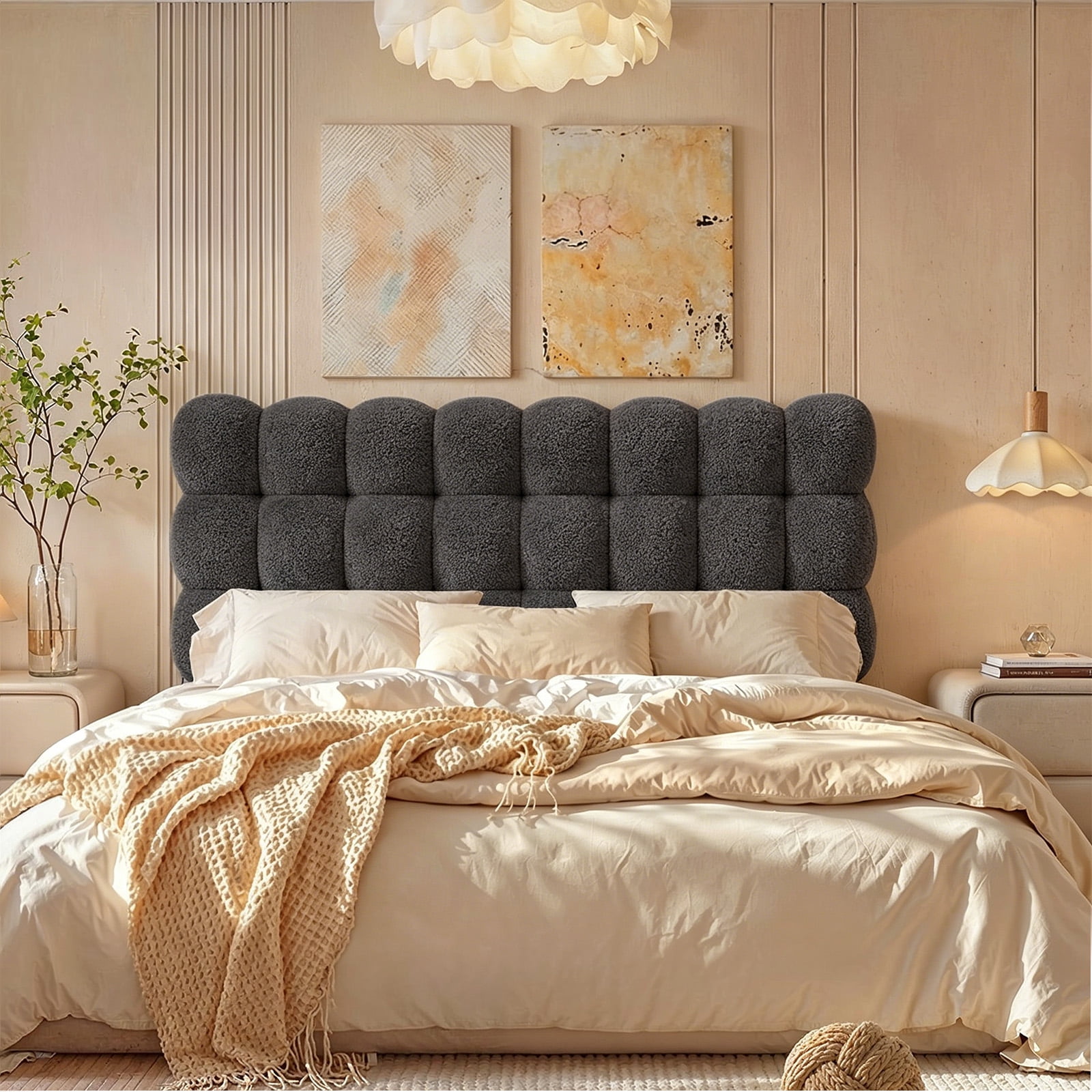 Pinmoco Queen Size Upholstered Headboard with Adjustable Height, Memory Foam Cloud-Shaped Ergonomic Design, Teddy Fleece Gray
