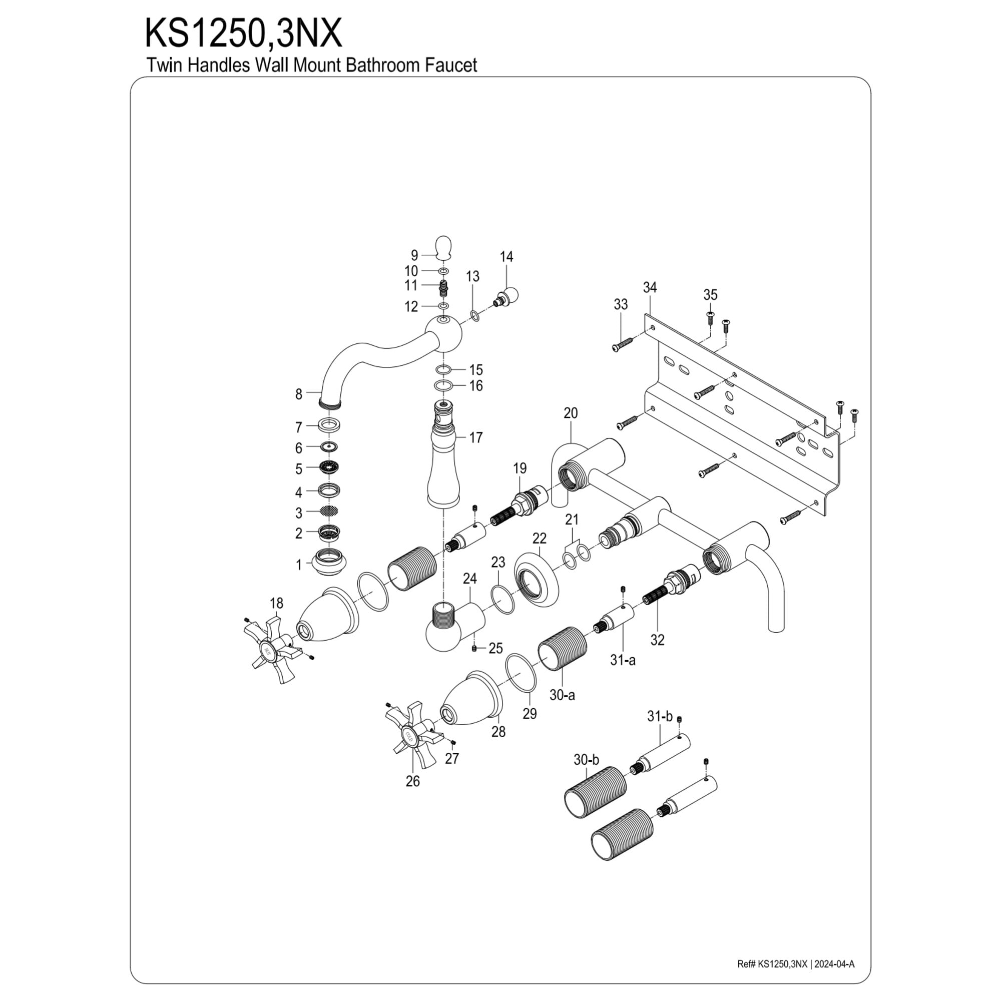 Kingston Brass KS1253NX Hamilton Double-Handle 3-Hole Wall Mount Bathroom Faucet in Antique Brass