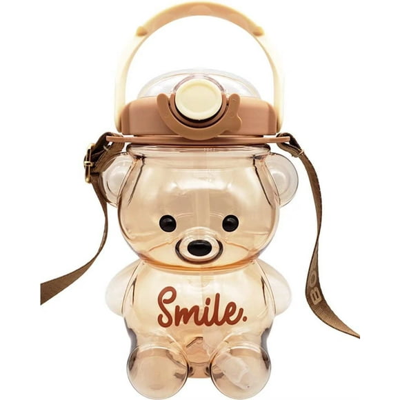 Jinsinto Cute bear water bottle with straw, 3D stickers and straps