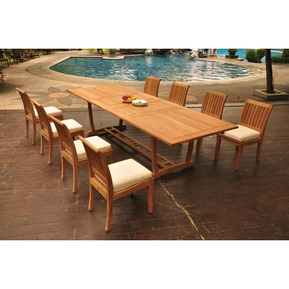 Grade-A Teak Dining Set: 8 Seater 9 Pc: 118" Double Extension Mas Rectangle Trestle Leg Table And 8 Lagos Armless Chairs WholesaleTeak #WMLG20