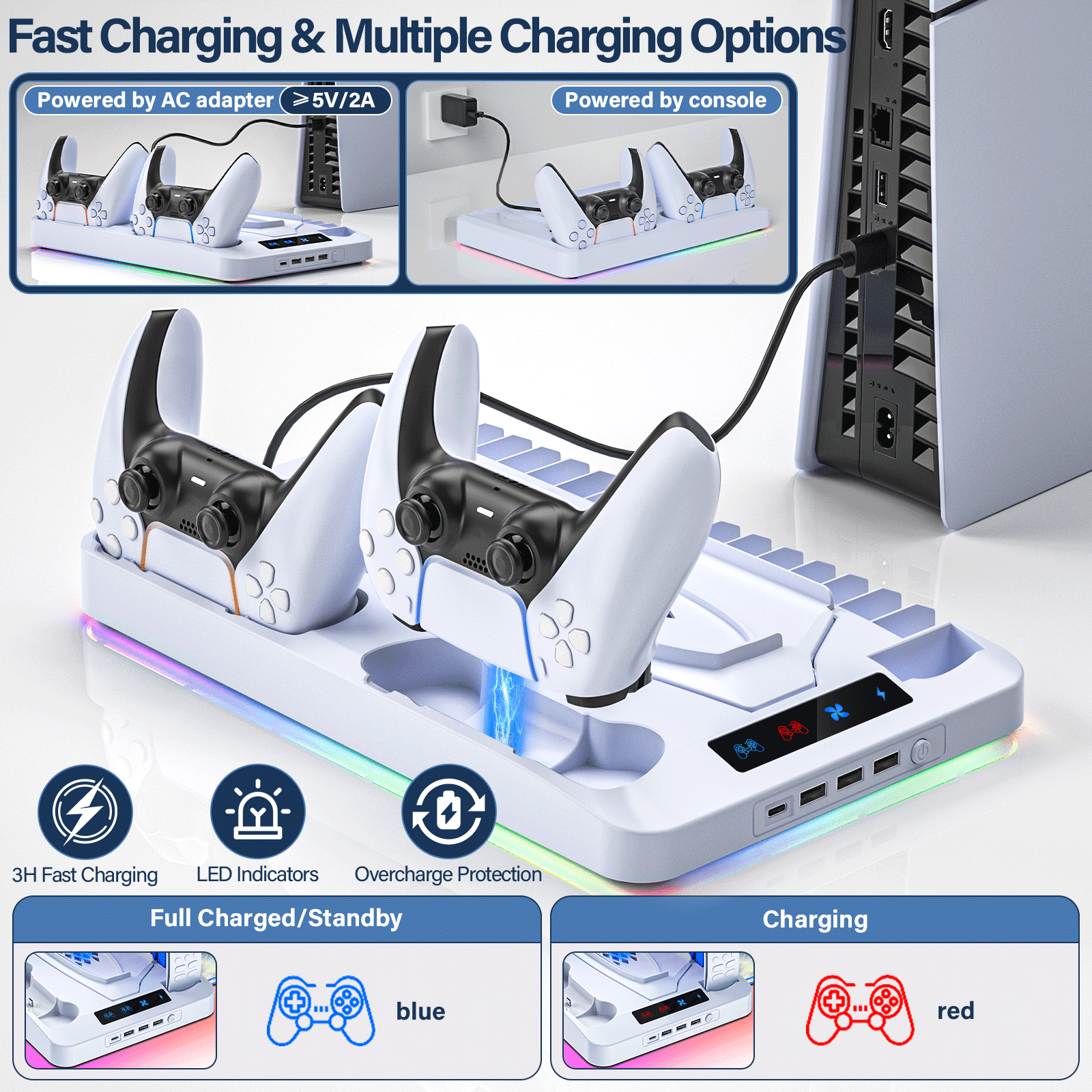 PS5 Stand with Cooling Fan,PS5/PS5 Slim Stand and Cooling Station with Dual Controller Charging Station for PlayStation 5 Console,Controller Charger, Cooling Fan, Headset Holder, 3 USB Hub, White