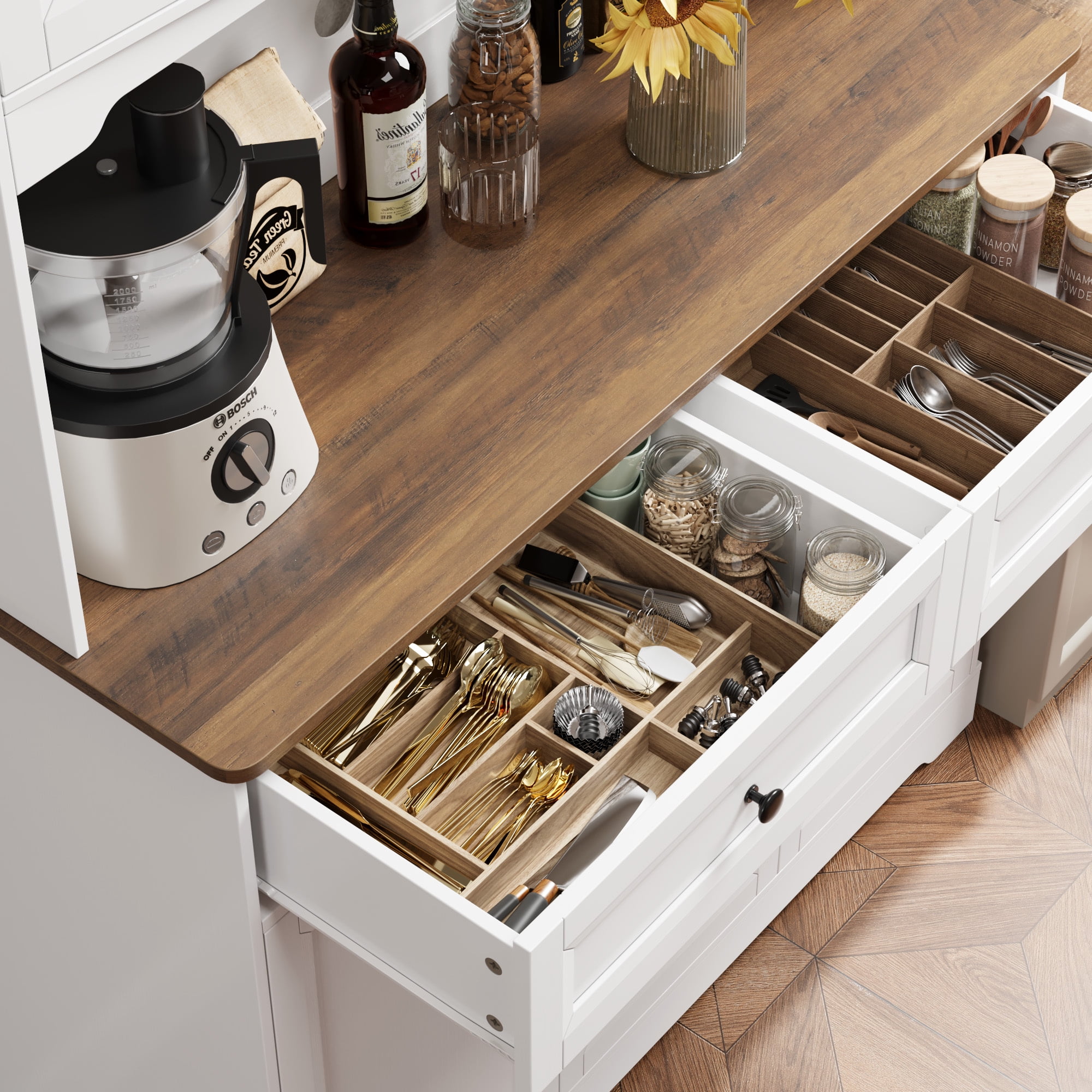 Homfa 71'' Kitchen Pantry Buffet Hutch, Freestanding Storage Cabinet with Countertop & Adjustable Shelves, Food Cupboard with Doors and Drawers, White