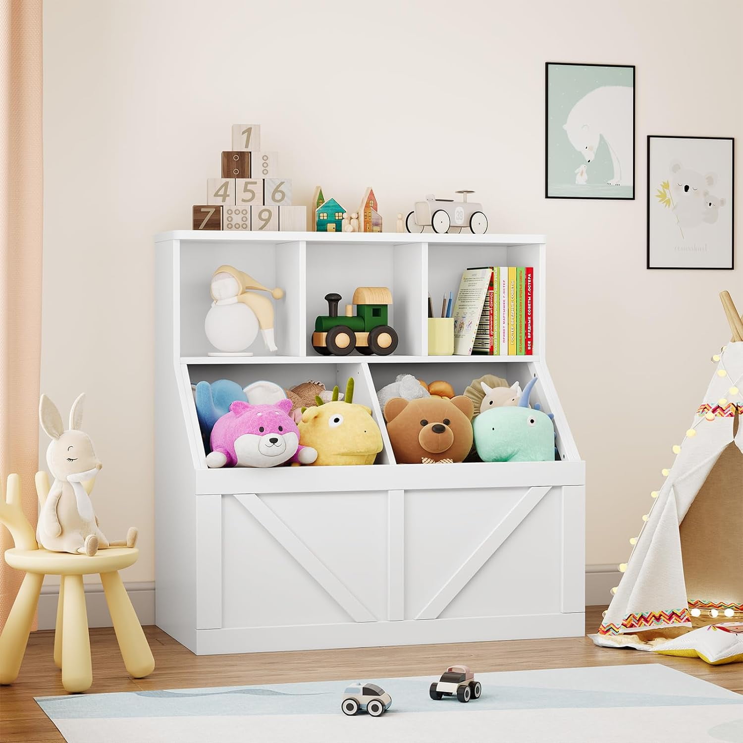 Kids Bookshelf & Toy Storage Organizer, 3-Cube Open Shelves with 2 Storage Bins, Toddler Bookcase for Playroom, Nursery, Kids Room, Bedroom, Daycare
